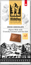 Load image into Gallery viewer, Milkboy Swiss Chocolates - 3.5oz Alpine Milk Chocolate with crunchy Caramel & Sea Salt
