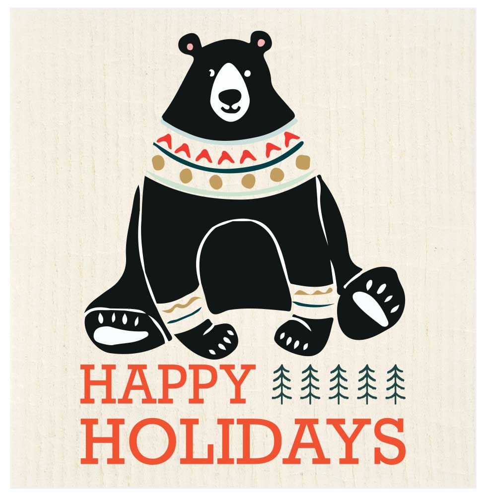 Happy Holidays Bear in Sweater Swedish Dishcloth: