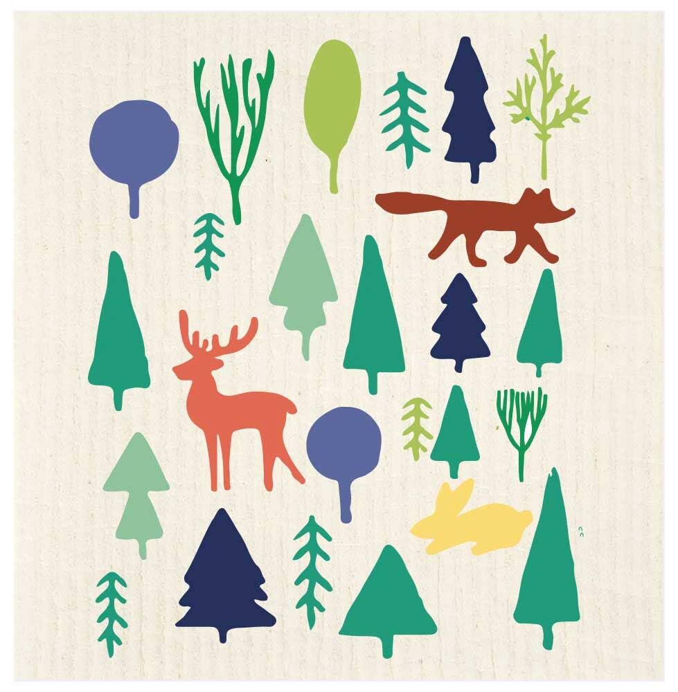 Potluck Press - Fox and Deer with Trees Swedish Dishcloth