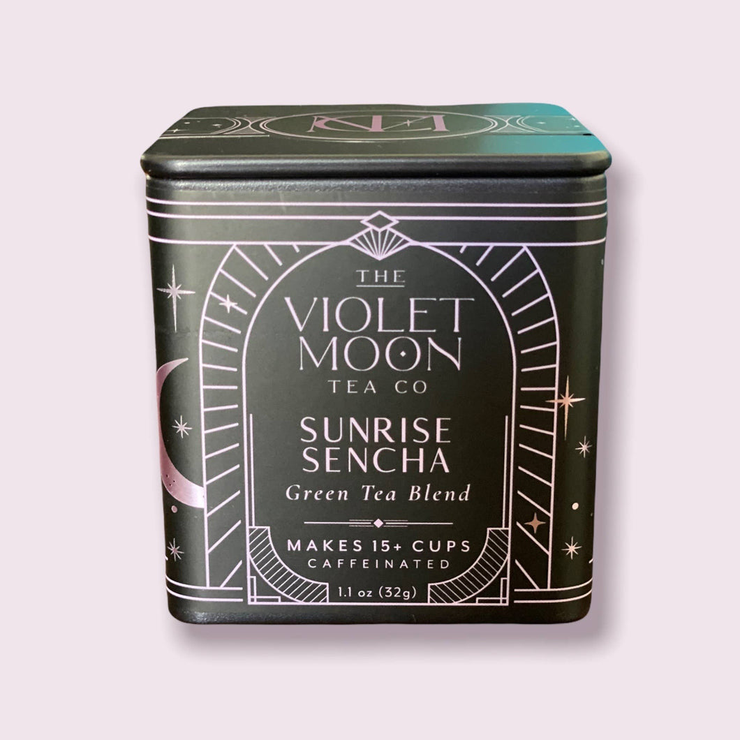 The Violet Moon Tea Co. - Sunrise Sencha Rose, Orange, Lychee Tea Blend 1.1oz Tin