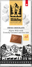 Load image into Gallery viewer, Milkboy Swiss Chocolates - 3.5oz Alpine Milk Chocolate with crunchy Caramel &amp; Sea Salt
