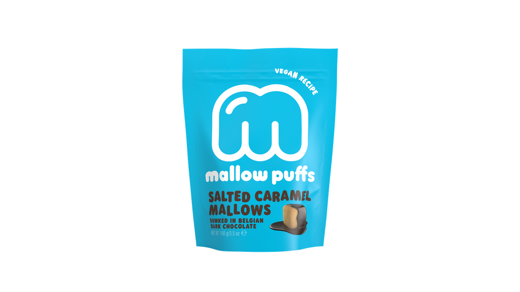 Belgium's chocolate Source - Mallow Puffs - Vegan Marshmallows Salted Caramel
